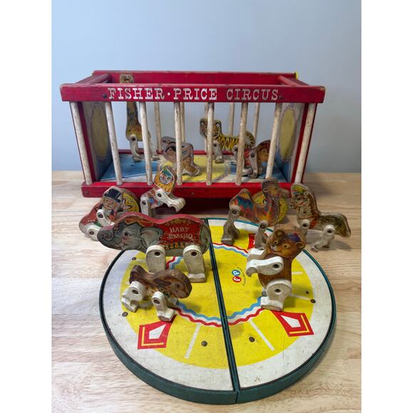 Fisher Price Vintage 1962 Circus Wagon Cage Wooden Animals and Clown Figures JL - Picture 1 of 16